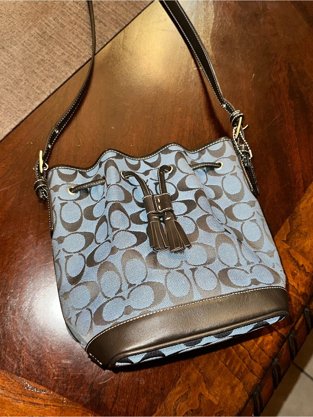 Coach Signature Jacquard Blue
Bucket Bag Crossbody Purse Tassel Drawstring